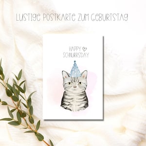 Happy Schnurrsday Lustige Happy Birthday Karte im Wasserfarben Look mit Katzen Motiv mit Partyhut, cute birthday birthday card