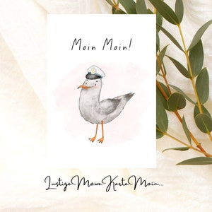 Funny seagull card as a motif with the saying Moin Moin!, cute postcard, or simply as a wall decoration