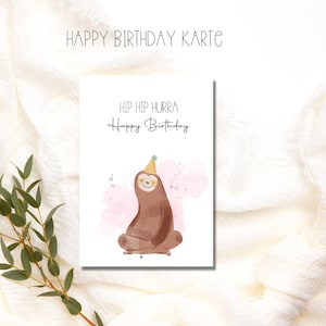 Hip Hip Hooray Carte d'anniversaire au look aquarelle avec motif animalier avec chapeau de fête, jolie carte d'anniversaire, carte postale joyeux anniversaire