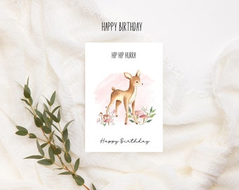 Happy Birthday Fee Glückwunschkarte Wasserfarben Look mit Schildkröte Motiv mit Partyhut, cute birthday birthday card, Happy Birthday