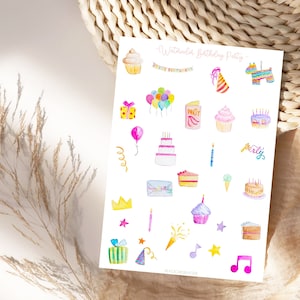 Watercolor Birthday Party Stickers Set, Planner Stickers, Birthday Party Stickers, Kind, Fotoalbum Planen & Dekorieren, Bullet Journal