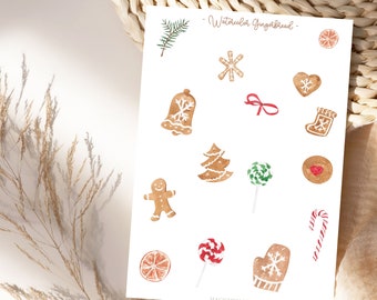 Watercolor Gingerbread Christmas Stickers, Planner Stickers, Gemütlich, Kekse, Zuhause, Sticker Sheet,Lebkuchen Weihnachten Stickers Sheet