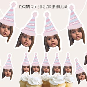 May include: A collection of stickers featuring a young girl's face wearing a pink and blue party hat. The hat has the text "Endlich Schulkind" on it. The phrase "PERSONALISIERTE DEKO ZUR EINSCHULUNG" is at the top.