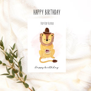 Biglietto di auguri di buon compleanno "Hip Hip Hooray" in stile acquerello con motivo a leone, simpatico biglietto di auguri di compleanno, cartolina di buon compleanno