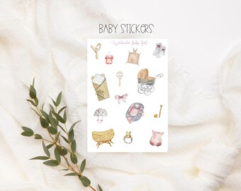 May include: A sheet of baby stickers with watercolor illustrations of baby items. The stickers include a baby bottle, rattle, socks, a stroller, a bassinet, a bow, a baby blanket, a baby shoe, and a baby dress. The text "BABY STICKERS" is at the top.