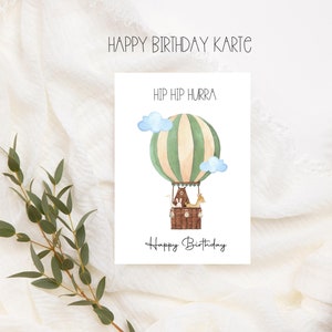 Hip Hip Hooray Carte d'anniversaire au look aquarelle avec motif animalier en montgolfière, jolie carte d'anniversaire, joyeux anniversaire