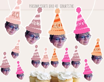 Decoraciones personalizadas para el 40 cumpleaños | Guirnalda de banderines con cara, confeti y adornos para cupcakes | Set de decoración personalizado para un 40 cumpleaños