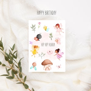 Hip Hip Hurra Happy Birthday Karte im Wasserfarben Look mit Feen Motiv , birthday birthday