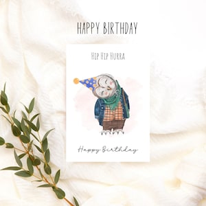 Hip Hip Hooray Carte d'anniversaire au look aquarelle avec motif animalier hibou avec chapeau de fête, anniversaire anniversaire