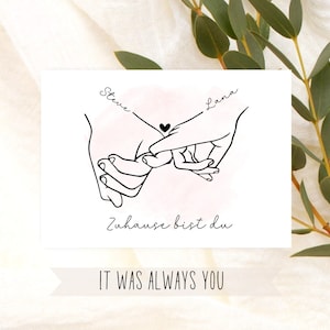 Personalisierte Postkarte zum Valentinstag To the moon and back Hand holding mit Namen und Datum, Postkarte ,Grußkarte, Liebe, Valentinstag