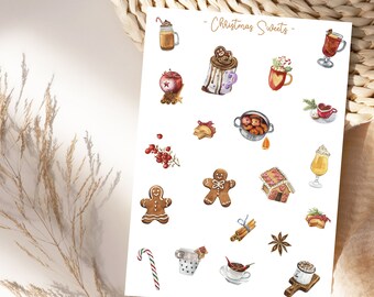 Pegatinas de bebidas de invierno, pegatinas de planificador, acogedor, galletas, hogar, hoja de pegatinas, hoja de pegatinas de Navidad de pan de jengibre, Navidad Hygge