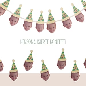 Puede incluir: Una pancarta de fiesta verde y amarilla con un n&uacute;mero seis en cada bandera. Cada bandera tiene una foto de la cara de un ni&ntilde;o con un gorro de fiesta.