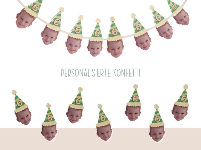 Puede incluir: Una pancarta de fiesta verde y amarilla con un n&uacute;mero seis en cada bandera. Cada bandera tiene una foto de la cara de un ni&ntilde;o con un gorro de fiesta.