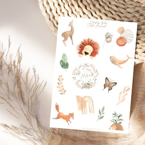 Set di adesivi personalizzati per cameretta dei bambini in stile boho con animali, adesivi per vestitini da neonato, album fotografico per bambini, per pianificare e decorare, baby shower