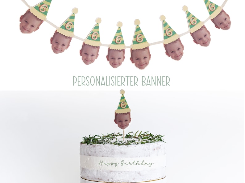 Puede incluir: Una pancarta de cumplea&ntilde;os personalizada con la cara de un ni&ntilde;o en cada gorro de fiesta verde y amarillo. La pancarta dice "PERSONALISIERTER BANNER". Tambi&eacute;n se muestra un pastel con un adorno de gorro de fiesta a juego. El pastel est&aacute; decorado con ramitas verdes y dice "Feliz cumplea&ntilde;os".