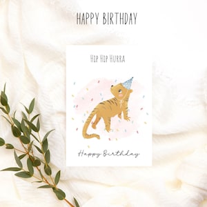 Hip Hip Hooray Carte d'anniversaire au look aquarelle avec motif animalier tigre avec chapeau de fête, anniversaire anniversaire
