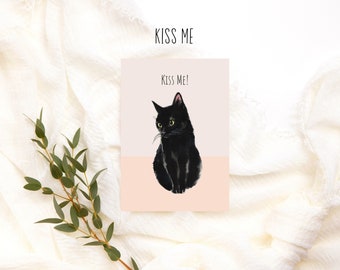 Kiss Me I love you funny love card in watercolor look with animal motifs cat with heart, sweet postcard for lovers card, funny card