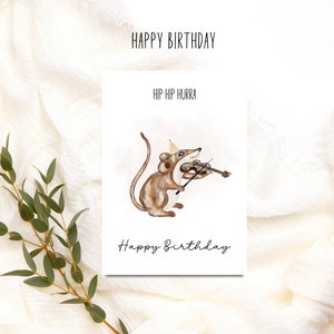 Carte d'anniversaire Hip Hip Hourray au look aquarelle avec motif animalier souris et écureuil avec chapeau de fête, anniversaire