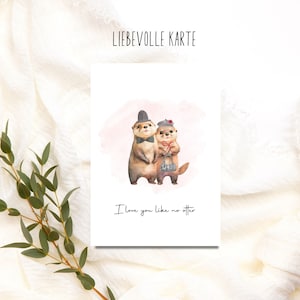 Postal amorosa de pareja de nutrias para San Valentín Te amo como ninguna nutria, postal, amor, San Valentín