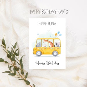 Hip Hip Hooray Carte d'anniversaire au look aquarelle avec motif girafe avec chapeau de fête, jolie carte d'anniversaire, joyeux anniversaire