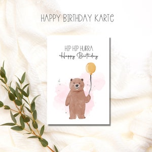 Hip Hip Hooray Carte d'anniversaire au look aquarelle avec motif animalier avec chapeau de fête, jolie carte d'anniversaire, carte postale joyeux anniversaire