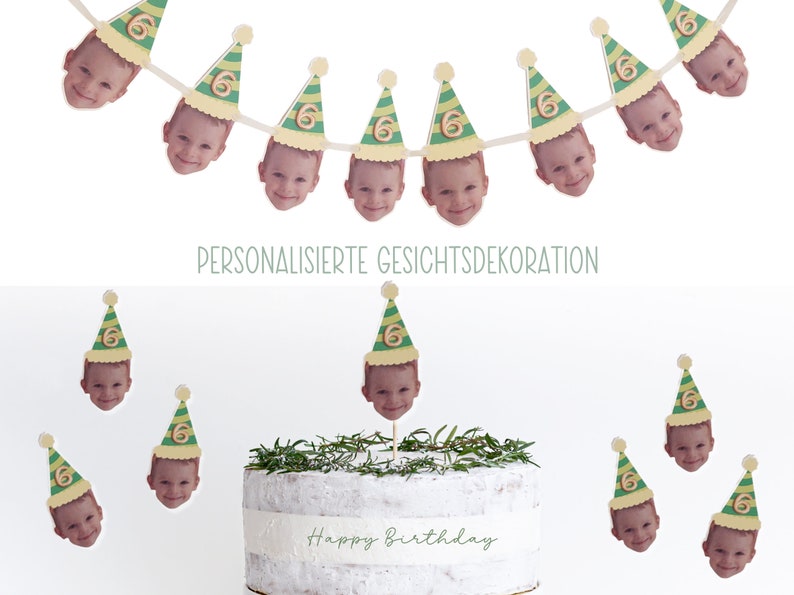 Puede incluir: Una pancarta de cumplea&ntilde;os verde y amarilla con una foto de un ni&ntilde;o en cada uno de los 10 sombreros de fiesta. La pancarta dice "PERSONALISIERTE GESICHTSDEKORATI&Omicron;&Nu;". Hay un pastel con un sombrero de fiesta verde y amarillo con una foto de un ni&ntilde;o en la parte superior. El pastel dice "Feliz cumplea&ntilde;os".