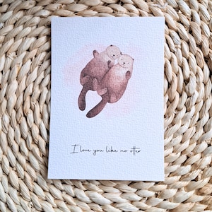 Liefdevol otterpaar ansichtkaart voor Valentijnsdag Ik hou van je als geen otter, ansichtkaart, liefde, Valentijnsdag