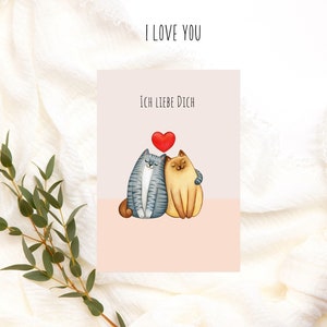 Te amo tarjeta de amor divertida con aspecto de acuarela con motivos de animales, gato con corazón, dulce postal para amantes, tarjeta divertida