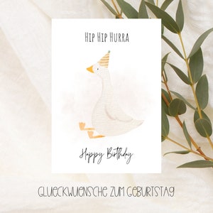Carte d'anniversaire Hip Hip Hurra au look aquarelle avec motif animalier oie avec chapeau de fête, carte d'anniversaire, joyeux anniversaire Carte postale