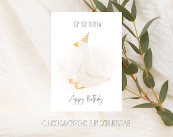 Hip Hip Hurra Happy Birthday card in watercolor look with animal motif goose with party hat, birthday birthday card, happy birthday Postcard