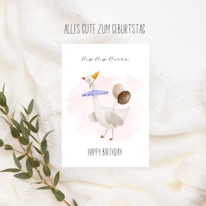 Carte d'anniversaire Hip Hip Hooray au look aquarelle avec motif animalier oie avec chapeau de fête, anniversaire anniversaire