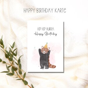 Hip Hip Hooray Carte d'anniversaire au look aquarelle avec motif animalier avec chapeau de fête, jolie carte d'anniversaire, carte postale joyeux anniversaire