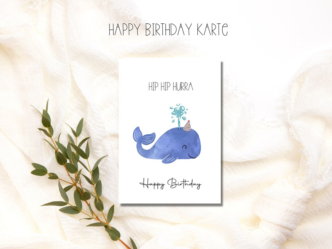 Hip Hip Hurra Happy Birthday Karte im Wasserfarben Look mit Tier Motiv