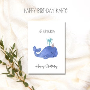 Hip Hip Hooray Carte d'anniversaire au look aquarelle avec motif animalier avec chapeau de fête, jolie carte d'anniversaire, carte postale joyeux anniversaire