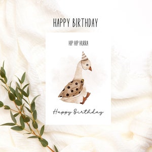 Carte d'anniversaire Hip Hip Hooray au look aquarelle avec motif animalier oie avec chapeau de fête, anniversaire anniversaire