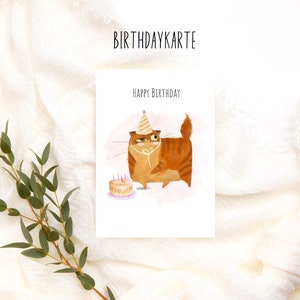 Carte d'anniversaire au look aquarelle avec des motifs animaliers chat avec chapeau de fête, jolie carte d'anniversaire, carte amusante