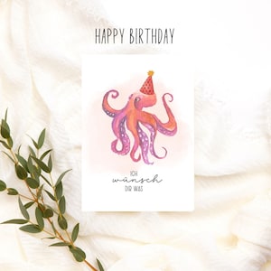 Hip Hip Hourra Joyeux anniversaire Je te souhaite une carte de joyeux anniversaire au look aquarelle avec motif animal et chapeau de fête pieuvre, joli anniversaire anniversaire