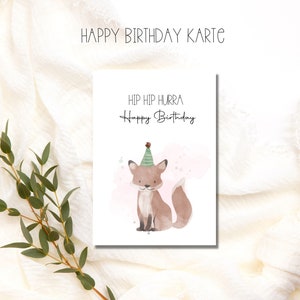 Hip Hip Hooray Carte d'anniversaire au look aquarelle avec motif animalier avec chapeau de fête, jolie carte d'anniversaire, carte postale joyeux anniversaire