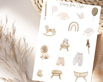 May include: A set of 14 nursery themed digital stickers in a boho style. The stickers feature a rocking horse, a teddy bear, a crib, a rainbow, a butterfly, a balloon, a stool, a pair of overalls, a pair of shorts, a sweater, a pacifier, a wooden bead garland, and a stuffed elephant.