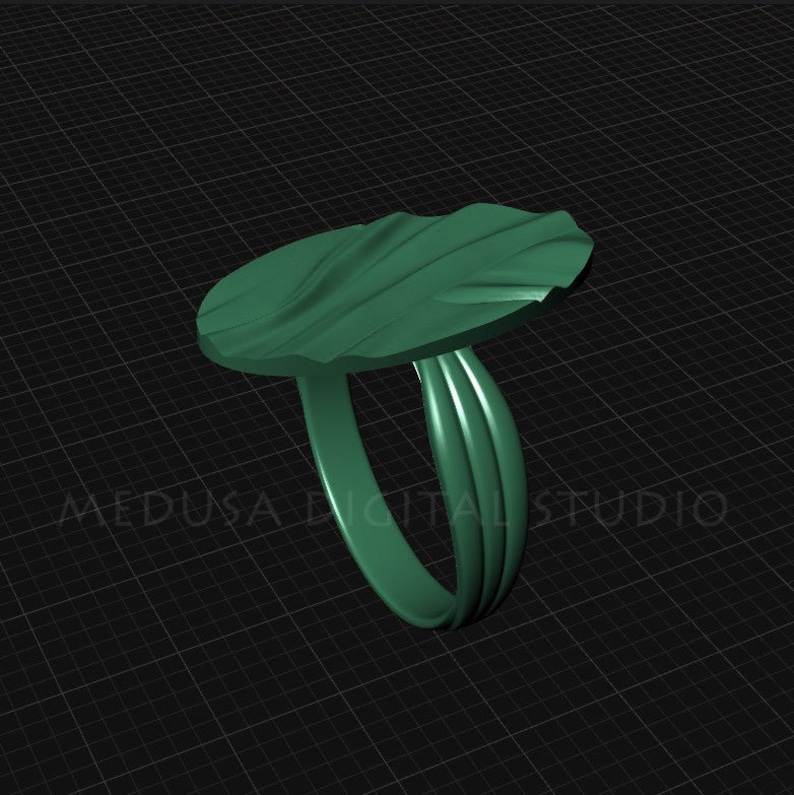 Pu&ograve; includere: Un anello verde con una parte superiore ondulata di forma organica. L'anello &egrave; in metallo e ha una finitura liscia e lucida.