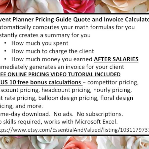 Event Planner Pricing Guide Quote and Invoice Calculator, FREE PRICING VIDEO Tutorial, How To Profit, Excel Spreadsheet, Balloons, Flowers