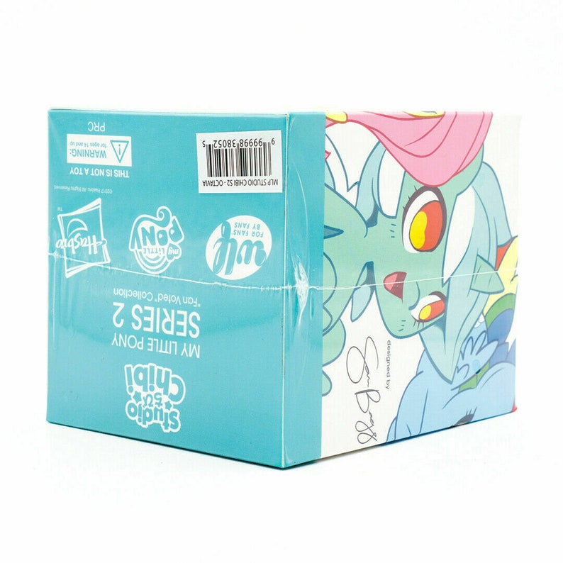May include: A sealed box for the My Little Pony Chibi Series 2 "Fan Voted" Collection. The box is light blue with the Hasbro and My Little Pony logos. The box features a cartoon illustration of a pony with a pink mane and blue body.