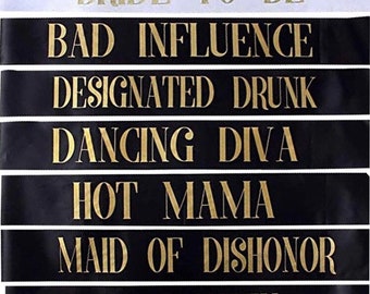 Hen Party Sashes Rude Naughty Set of 7 Bride to Be Black Gold Glitter UK SELLER 