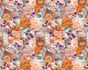 Aquarelle Fleur d’automne Papier numérique, Fichier floral sans couture d’épices de citrouille, Motif sans couture de café, répétition florale, papier numérique de fleur