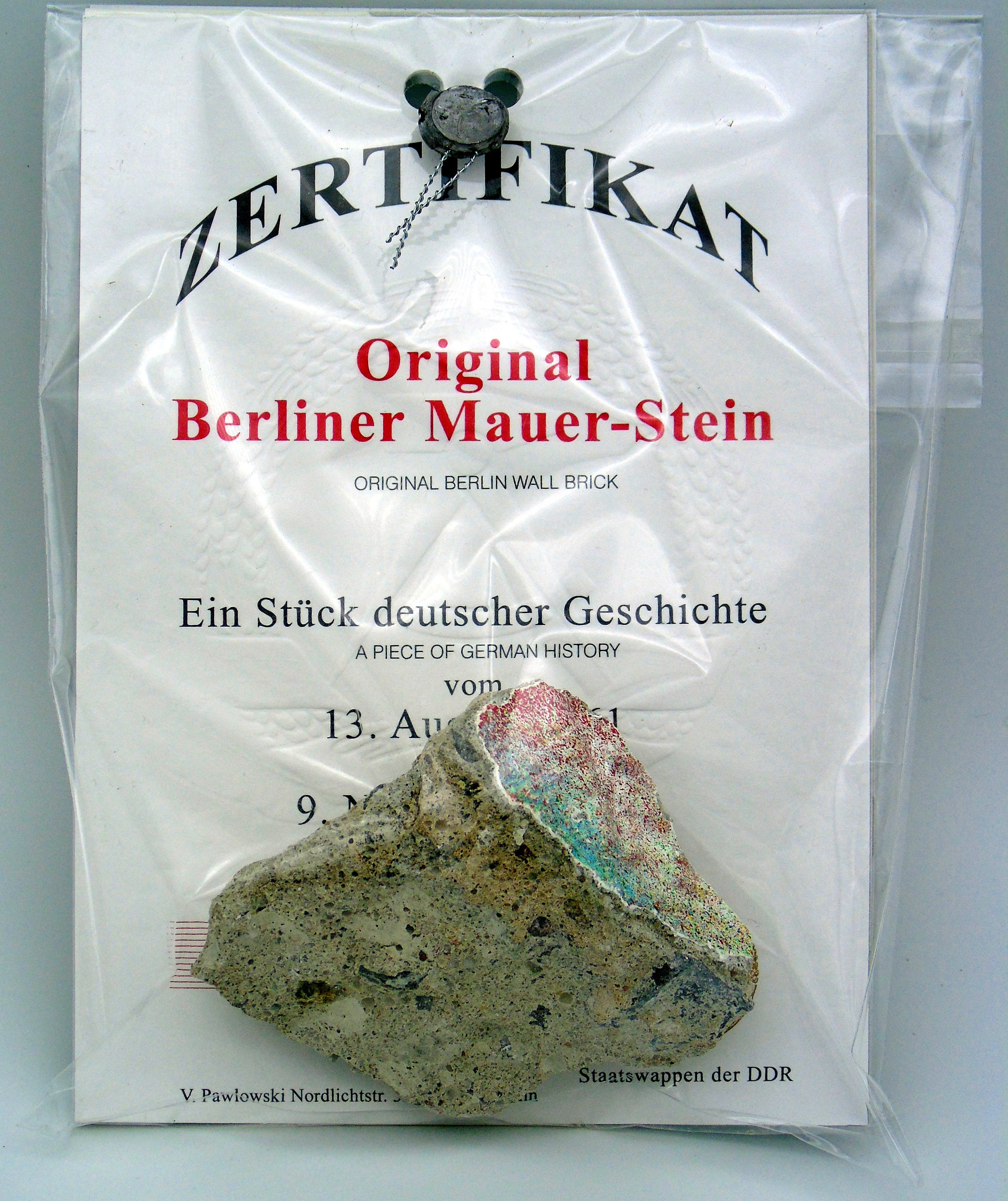 Certified Authentic Chunk Of The Berlin Wall With COA | Property Room
