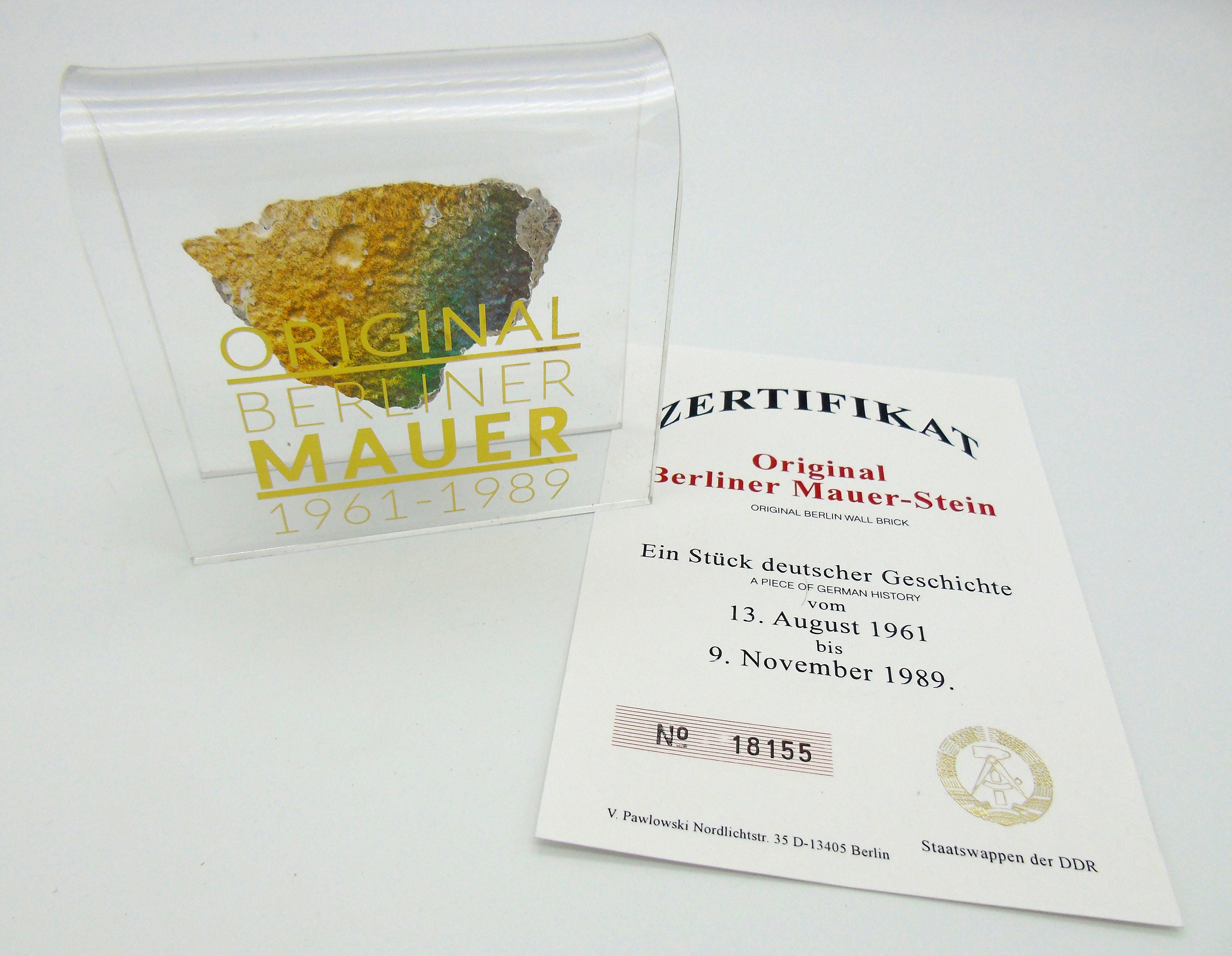 New Original Piece of the Berlin Wall - Authentic Souvenir from the Real Wall in Germany Mounted in Acrylic Display (4" x 4" Large)