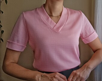 Vintage 70s Shirt | Vintage 70s Blouse | V Neck Top | Checkered Blouse | Vintage Peach Blouse | Pink Short Sleeve Blouse | Vintage Blouses