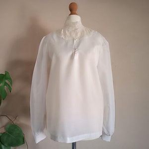 Blusa vintage de gola alta, blusa de inspiração eduardiana, vintage romântico, blusa transparente de manga comprida, blusa de renda feminina, gola alta dos anos 80