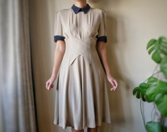 Vintage Dress | Navy Blue Beige Dress | Peter Pan Collar | Short Sleeved Dress | Vintage Midi Dress | Unique Vintage Dress | Detailed Dress