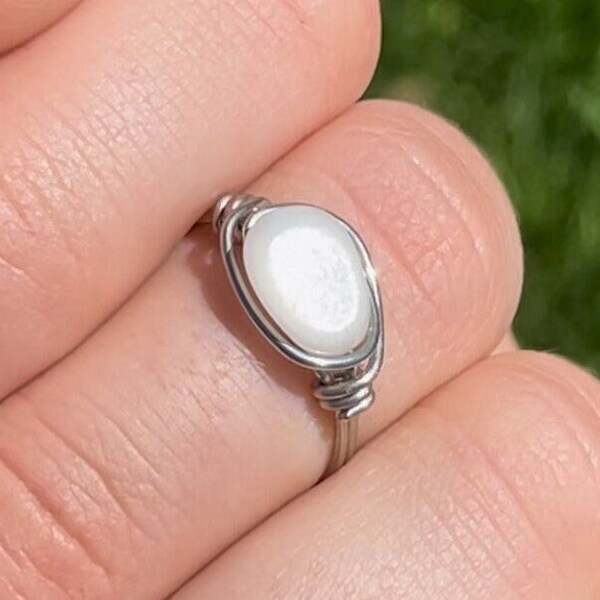 White Moonstone Ring | Handmade Wire Wrapped Silver Ring | June Birthstone Healing Crystals Gemstones Ring